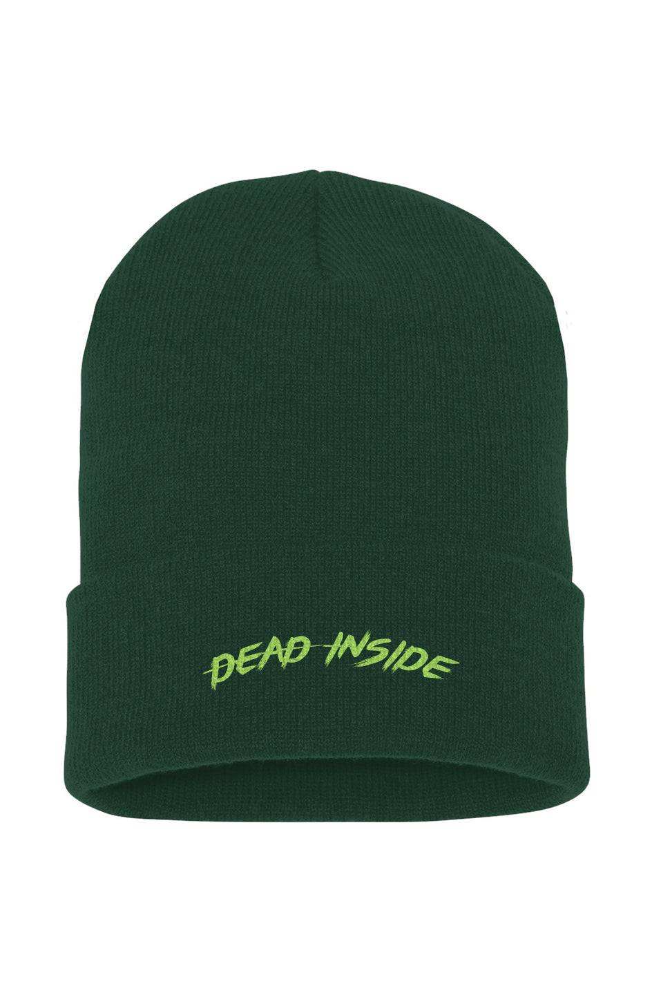 Embroidered green "Dead Inside" cuffed knit beanie, Ruby Reaper collection.