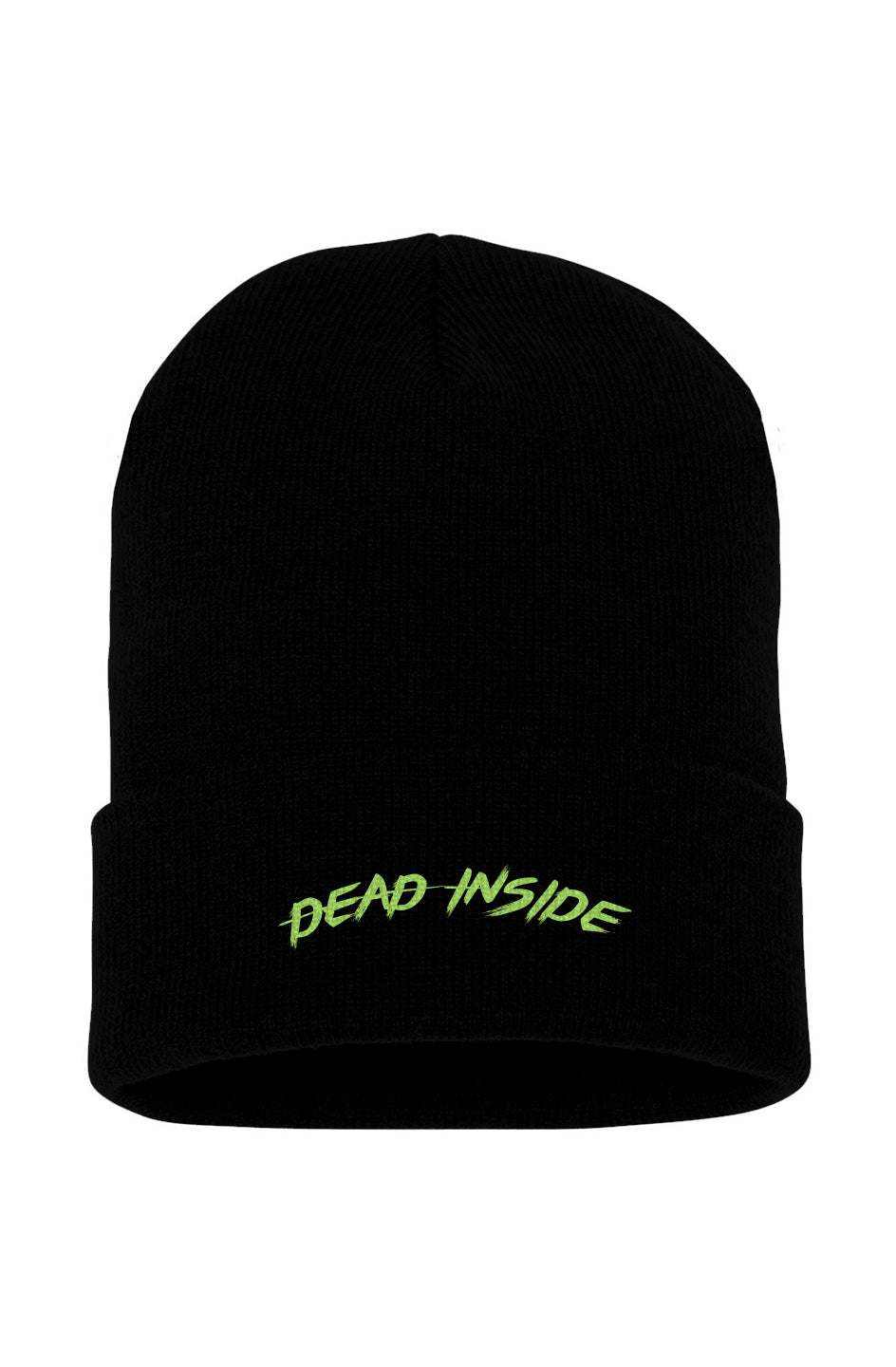 Black knit beanie with "Dead Inside" embroidered in green.