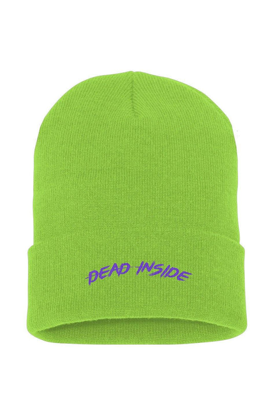 Green "Dead Inside" cuffed knit beanie with purple embroidery.