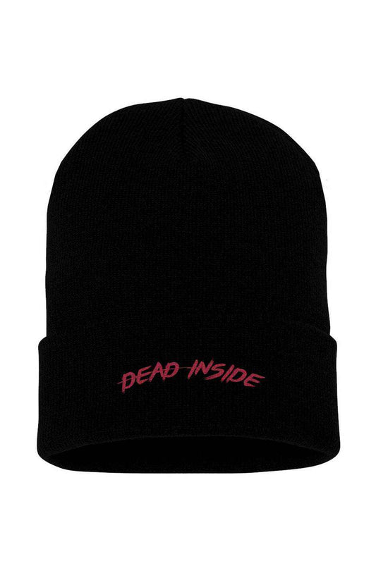 Embroidered red "Dead Inside" cuffed knit beanie.