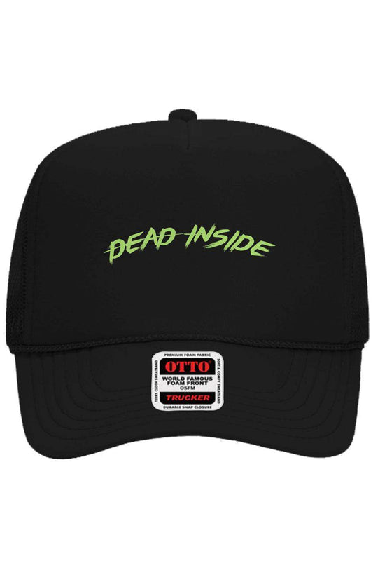 Otto 5-panel trucker hat with "Dead Inside" embroidery in green, snapback closure, breathable mesh back.