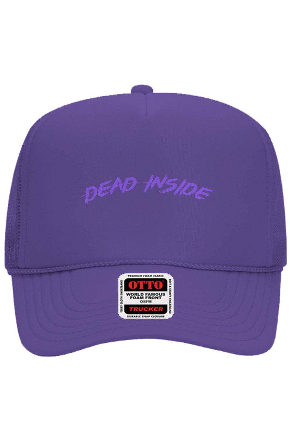 Purple embroidered "Dead Inside" trucker hat with Otto 5-panel design, mesh back, and snapback closure.