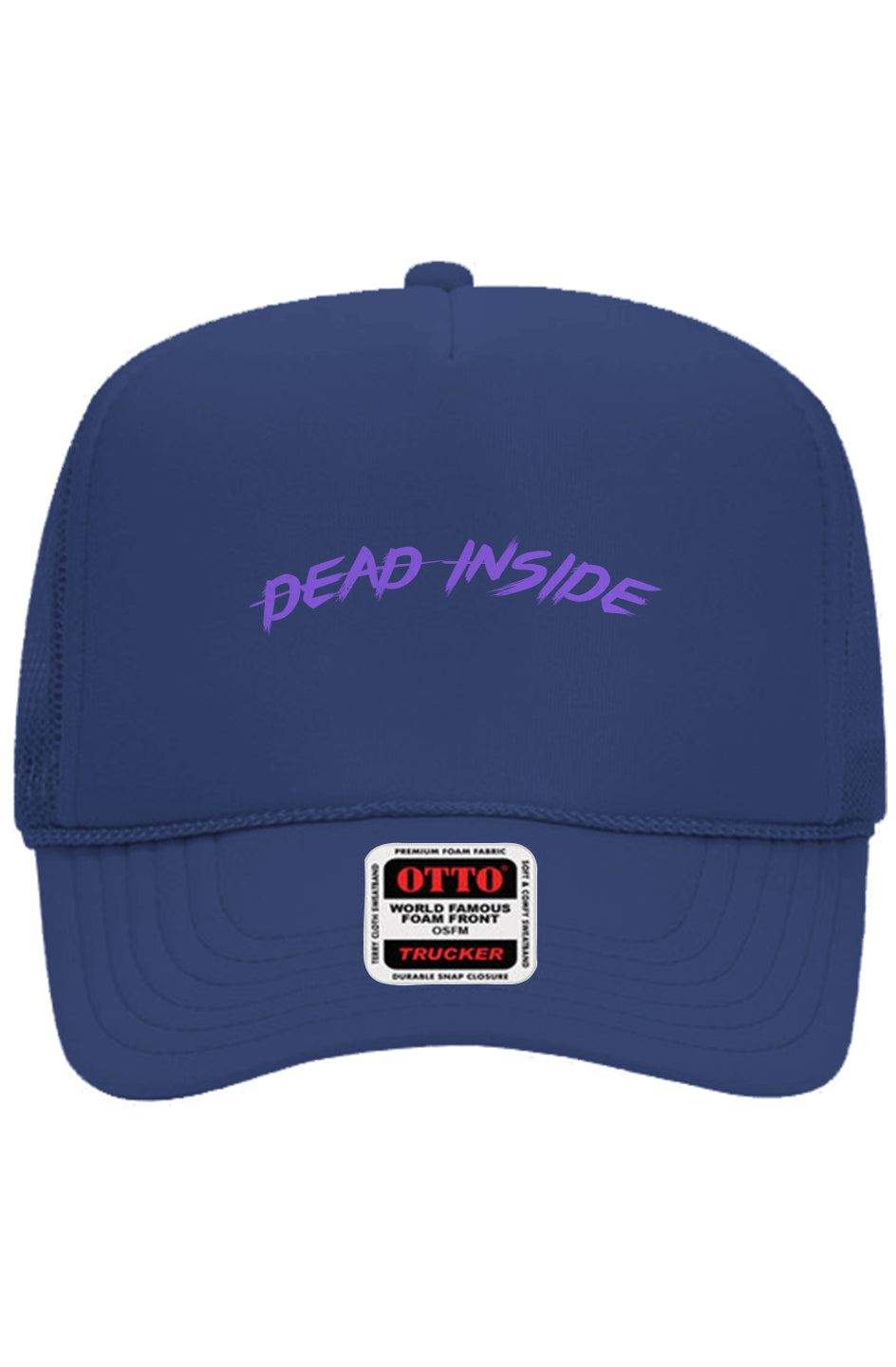 Trucker hat with "Dead Inside" embroidered in purple, featuring a 5-panel design and breathable mesh back.