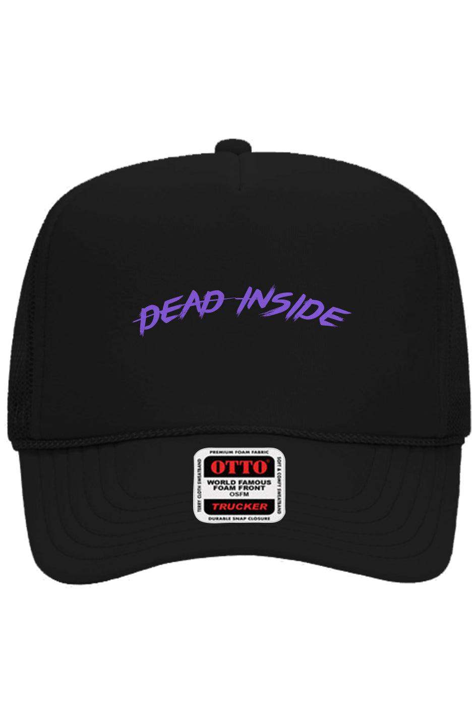 Embroidered purple "Dead Inside" text on black 5-panel trucker hat with breathable mesh back and snapback closure.