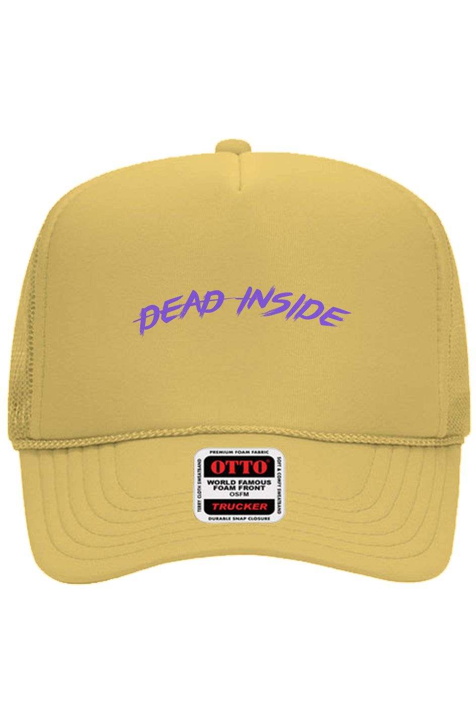 Embroidered purple "Dead Inside" trucker hat with breathable mesh and adjustable snapback.