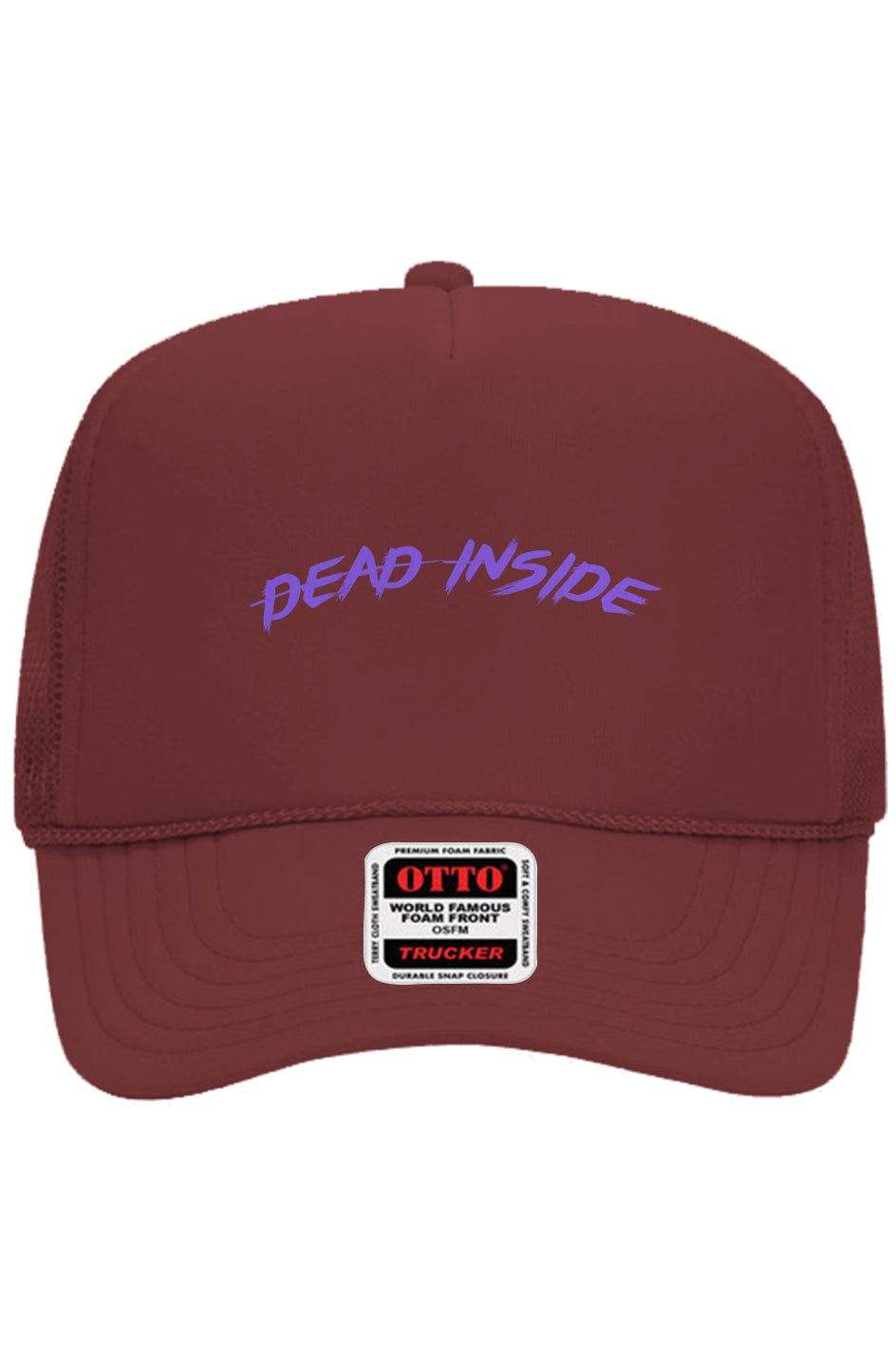 Dead Inside embroidered purple trucker hat with breathable mesh back and adjustable snapback.