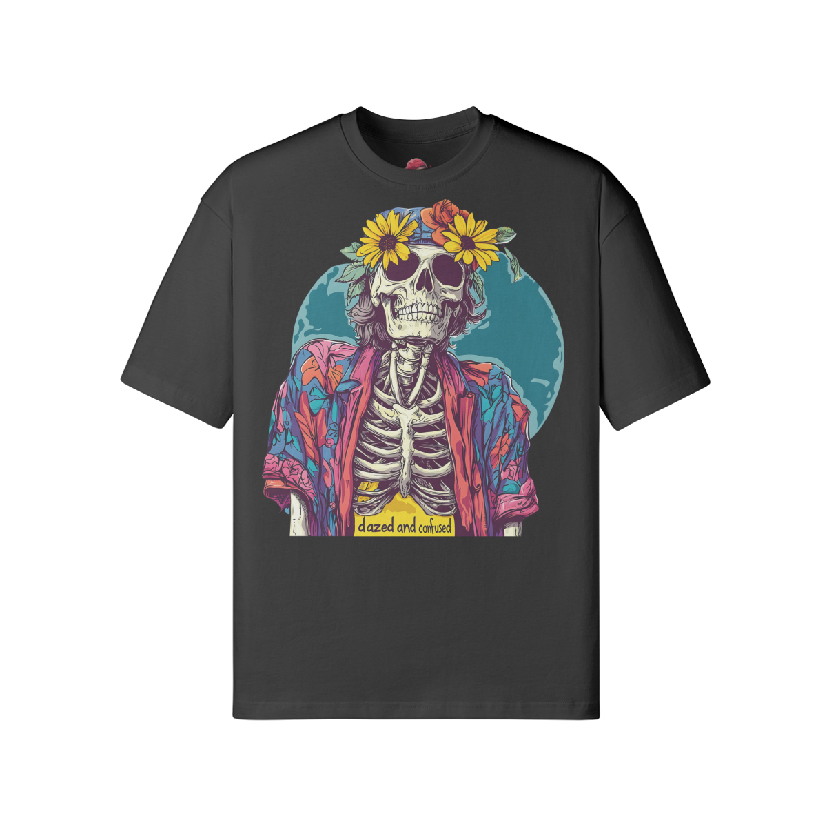 Loose fit black t-shirt with colorful skeleton design and "dazed and confused" text.