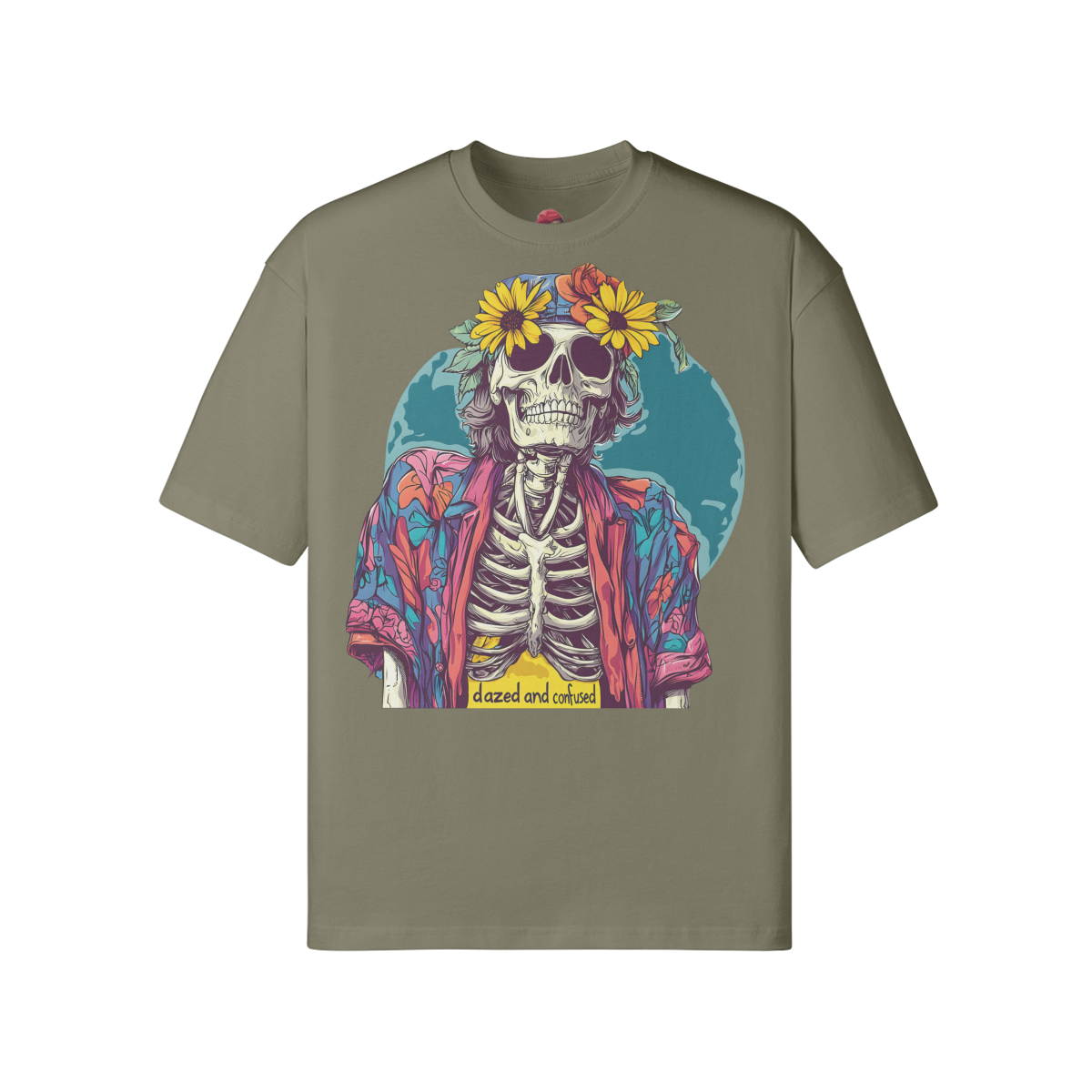 loose fit Dazed n Confused T-shirt with skeleton graphic, drop shoulders, and ribbed collar.