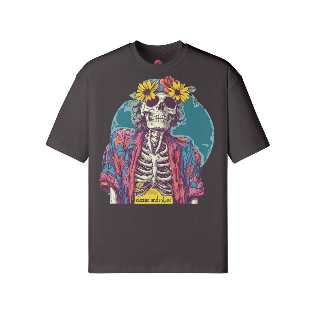 loose fit Dazed n Confused T-shirt with skeleton graphic, drop shoulders, and ribbed collar.