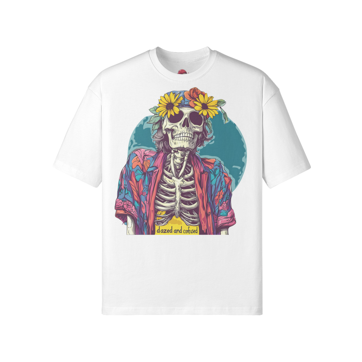 loose fit Dazed n Confused T-shirt with skeleton graphic, drop shoulders, and ribbed collar.