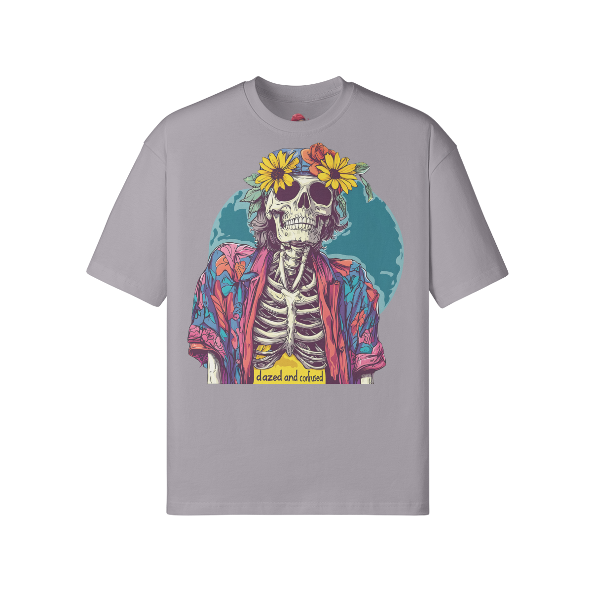 loose fit Dazed n Confused T-shirt with skeleton graphic, drop shoulders, and ribbed collar.