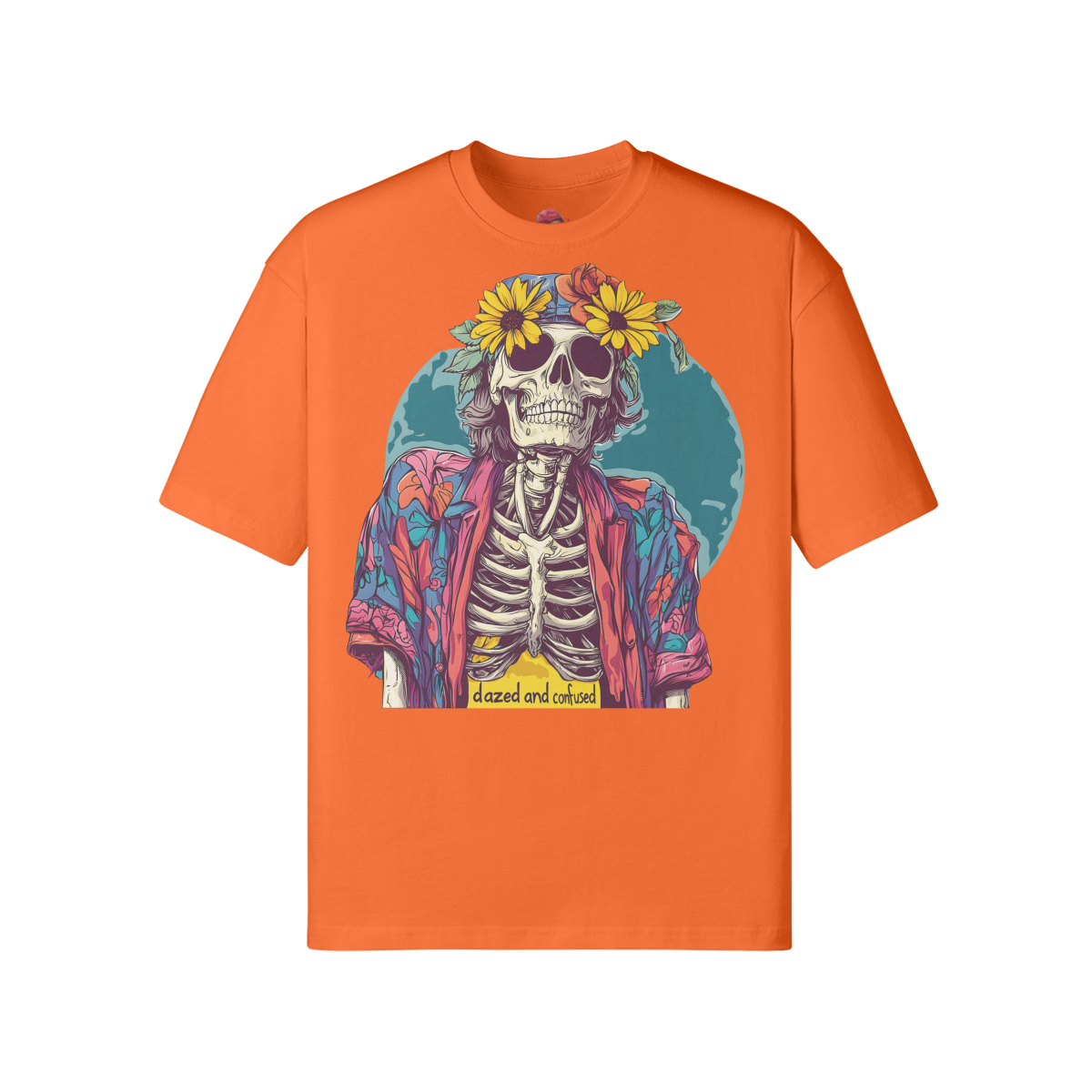 loose fit Dazed n Confused T-shirt with skeleton graphic, drop shoulders, and ribbed collar.