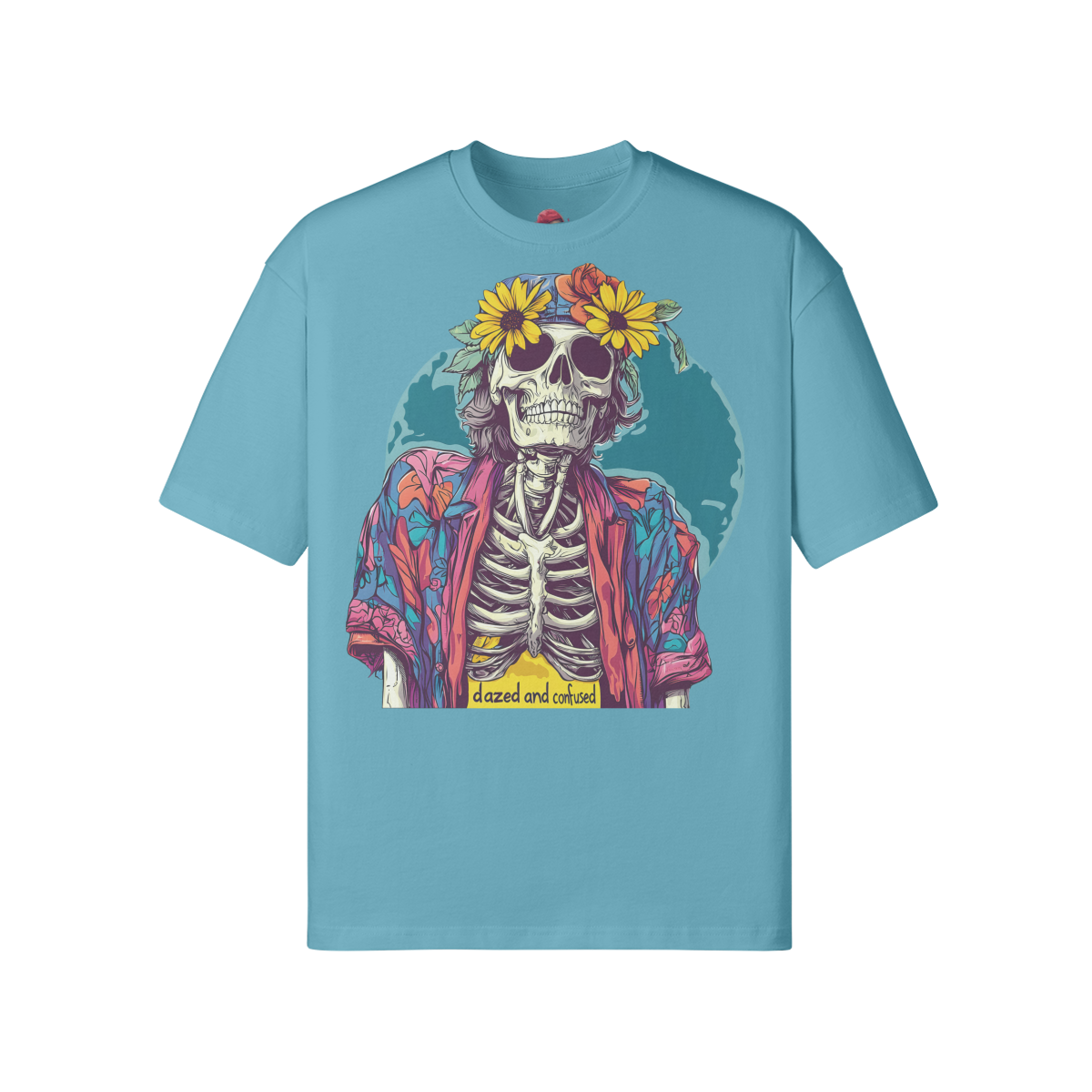 loose fit Dazed n Confused T-shirt with skeleton graphic, drop shoulders, and ribbed collar.