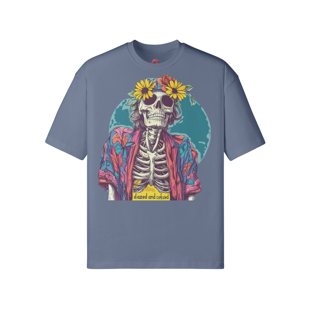 loose fit Dazed n Confused T-shirt with skeleton graphic, drop shoulders, and ribbed collar.