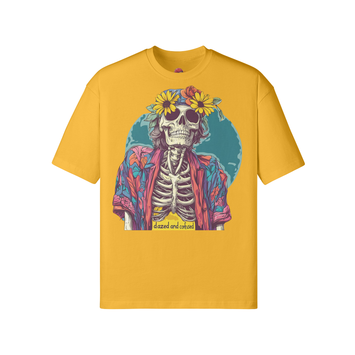 loose fit Dazed n Confused T-shirt with skeleton graphic, drop shoulders, and ribbed collar.