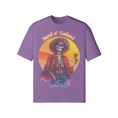 Dazed for you unisex loose t-shirt with vibrant design featuring skeleton in hat, made from soft cotton fabric.