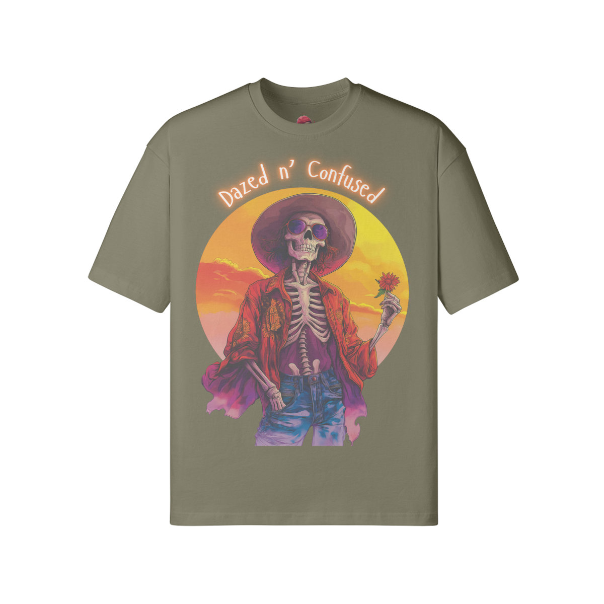 Dazed for you unisex loose t-shirt with vibrant design featuring skeleton in hat, made from soft cotton fabric.