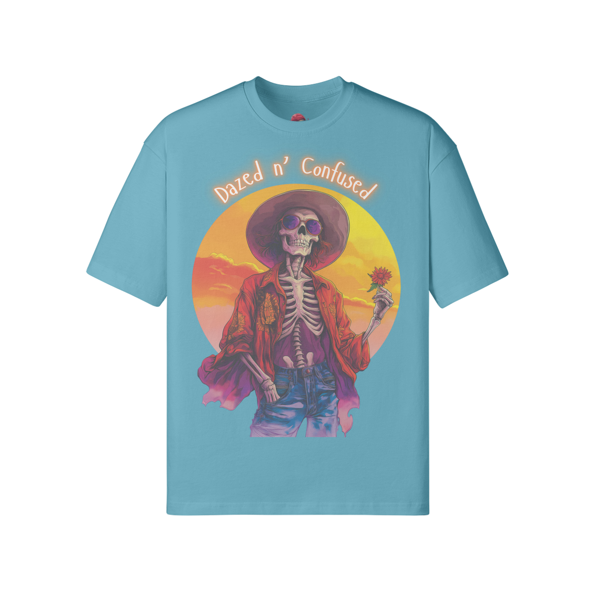 Dazed for you unisex loose t-shirt with vibrant design featuring skeleton in hat, made from soft cotton fabric.