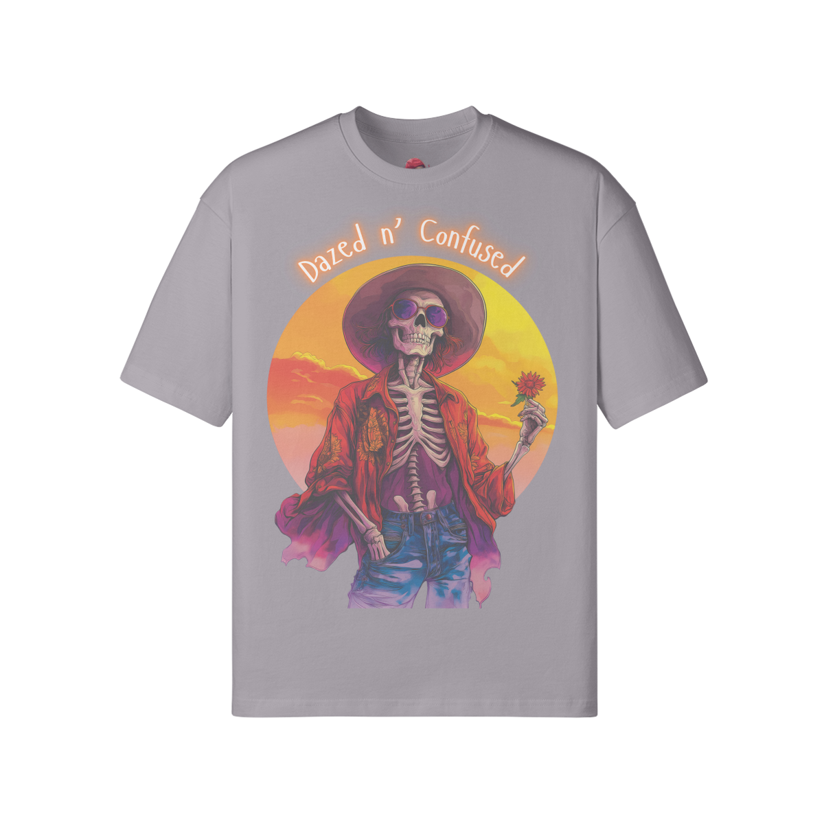 Dazed for you unisex loose t-shirt with vibrant design featuring skeleton in hat, made from soft cotton fabric.