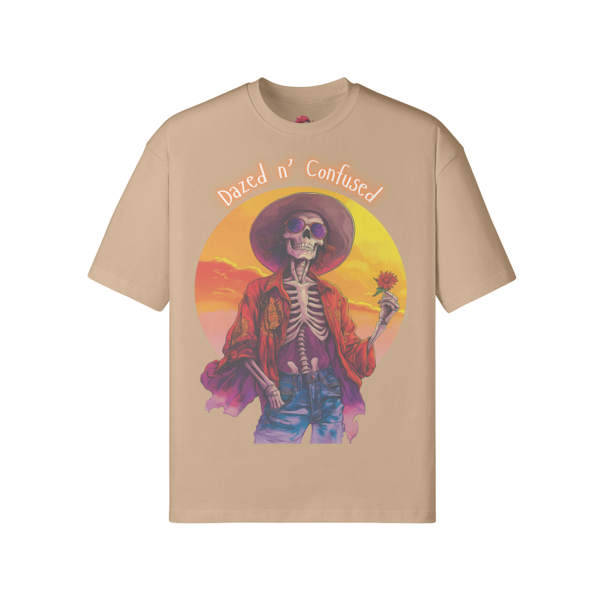 Dazed for you unisex loose t-shirt with vibrant design featuring skeleton in hat, made from soft cotton fabric.