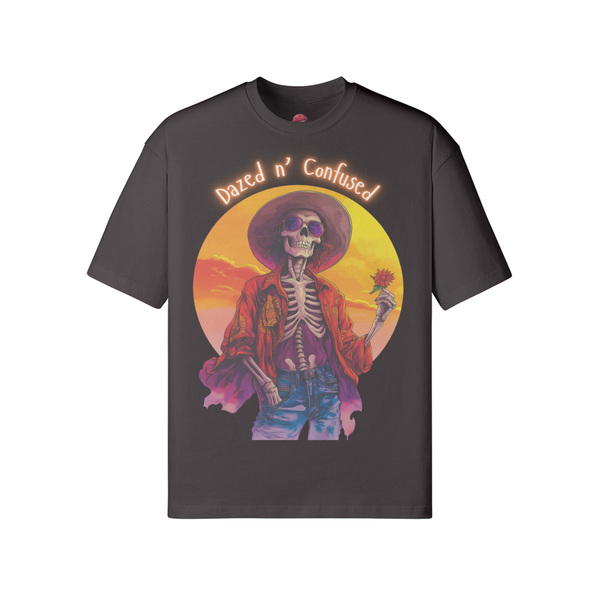 Dazed for you unisex loose t-shirt with vibrant design featuring skeleton in hat, made from soft cotton fabric.