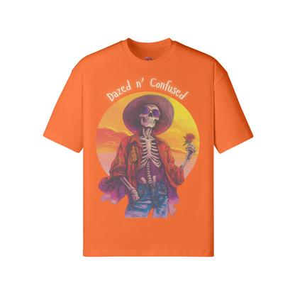 Dazed for you unisex loose t-shirt with vibrant design featuring skeleton in hat, made from soft cotton fabric.