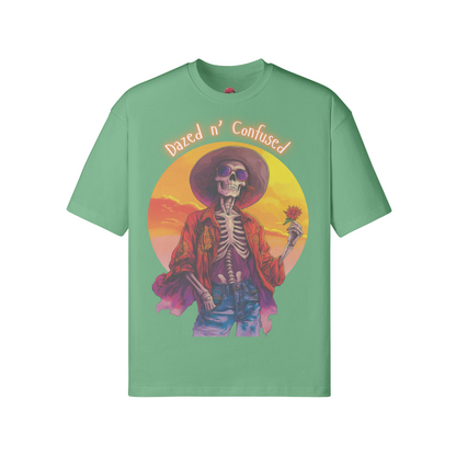 Dazed for you unisex loose t-shirt with vibrant design featuring skeleton in hat, made from soft cotton fabric.