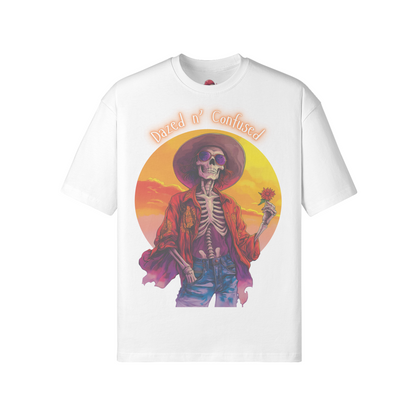 Dazed for you unisex loose t-shirt with vibrant design featuring skeleton in hat, made from soft cotton fabric.