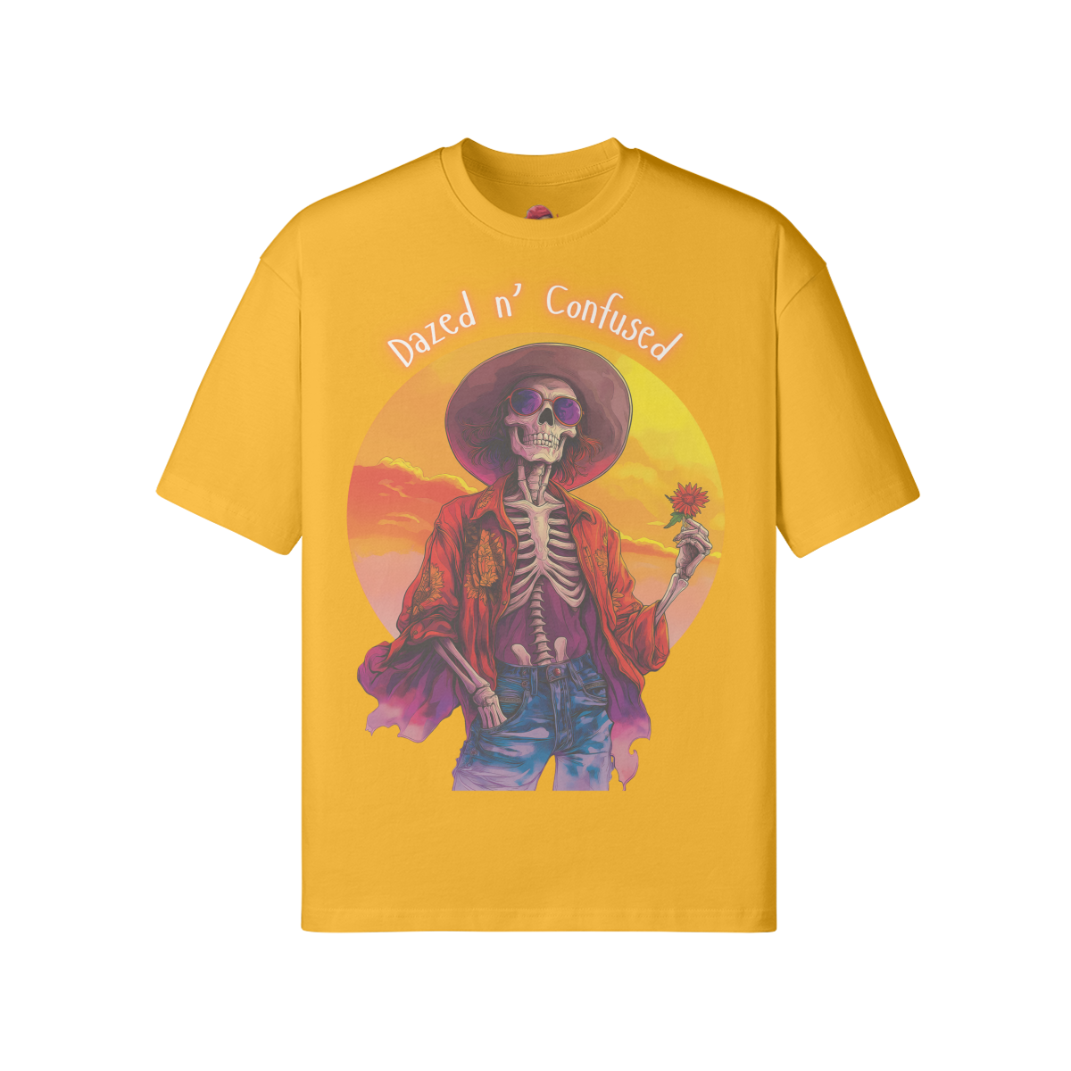 Dazed for you unisex loose t-shirt with vibrant design featuring skeleton in hat, made from soft cotton fabric.