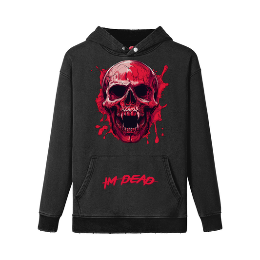 Im Dead Snow Wash Snap Collar Hoodie with red skull design and wind-resistant features.