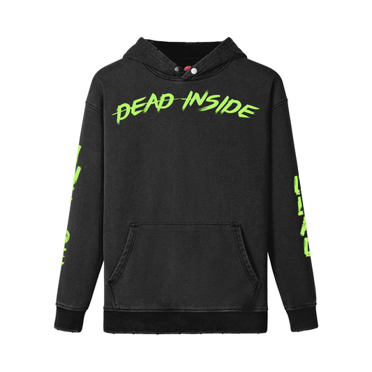 Dead Inside oversized snow wash hoodie with snap collar and vintage distressed finish.