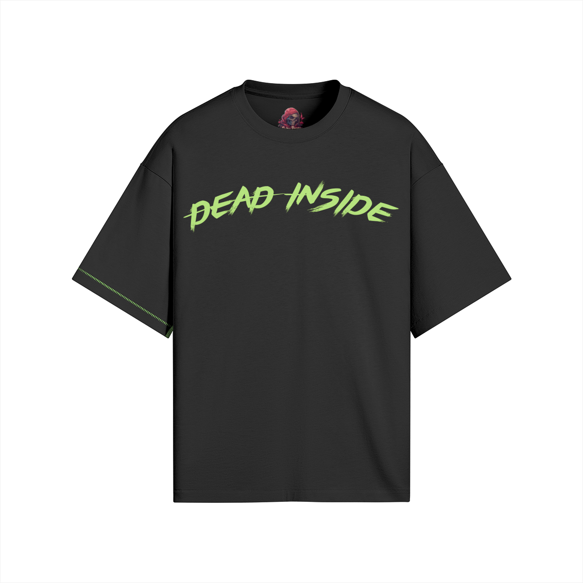 Boxy black T-shirt with "Dead Inside" text and neon side seam detail.