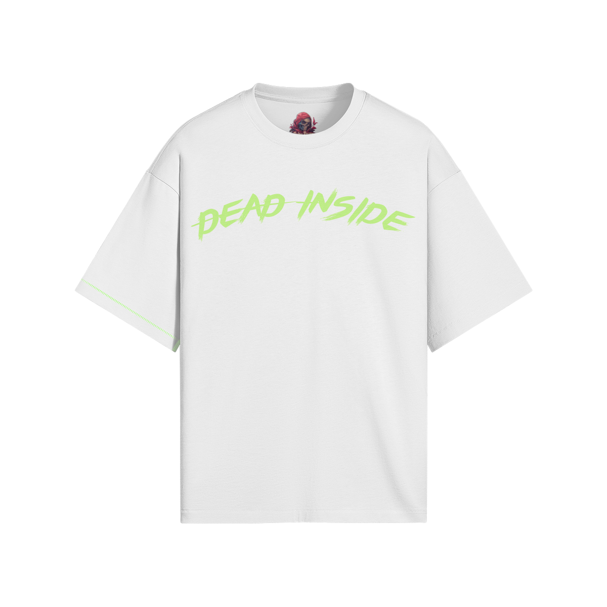 Boxy neon side seam t-shirt with "Dead Inside" text and relaxed fit.