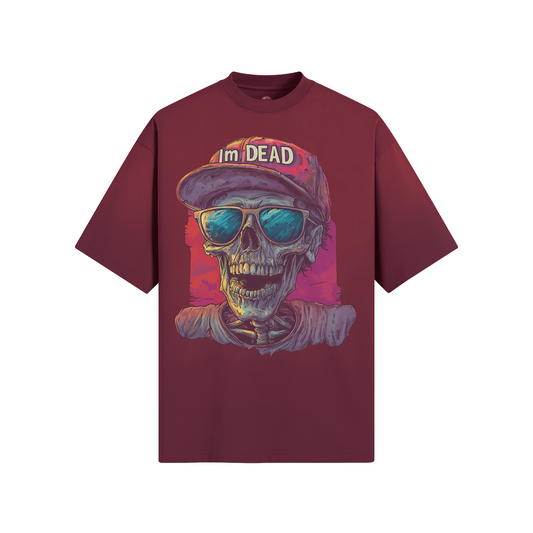 Im Dead boxy sun faded T-shirt featuring skull graphic with cap.