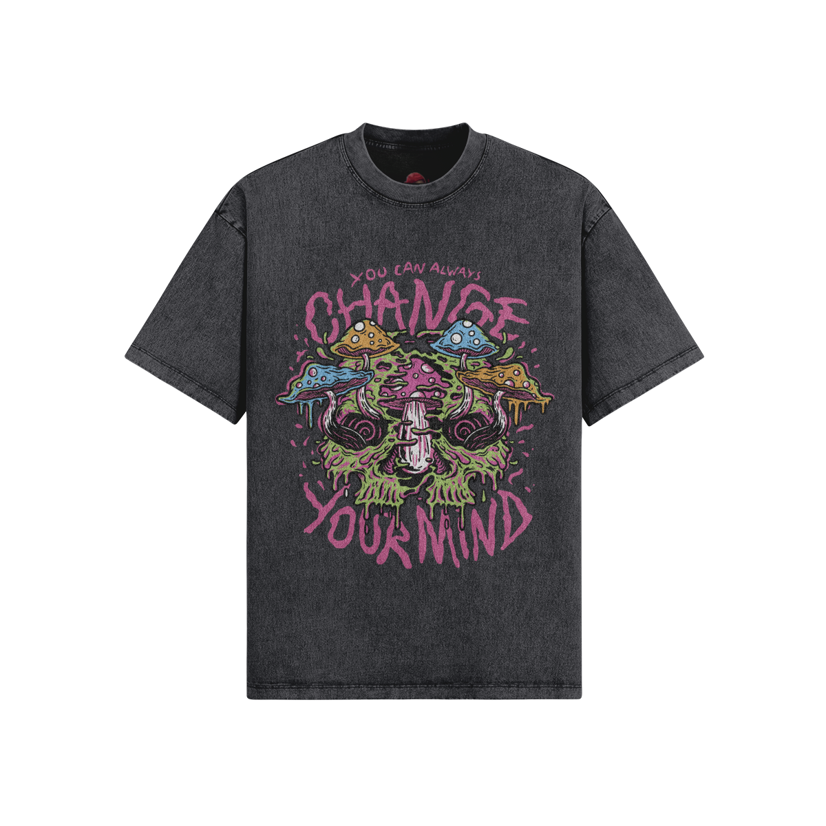 Psychedelic oversized snow wash t-shirt with unique vintage look and colorful graphic design.