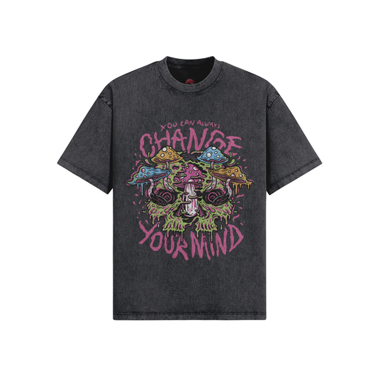 Psychedelic oversized snow wash t-shirt with unique vintage look and colorful graphic design.