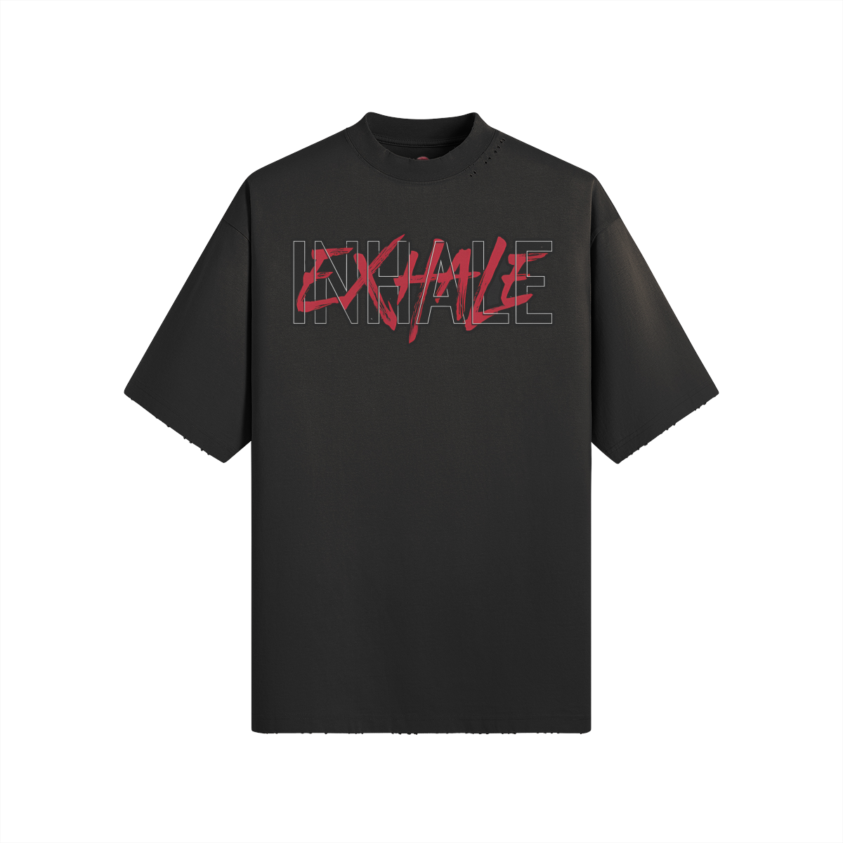 Distressed oversized black t-shirt with "Inhale Exhale" graphic, sun faded vintage style.