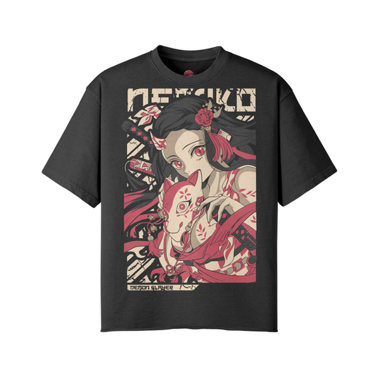 Nezuko Kamado Demon Slayer faded raw hem T-shirt, vintage-inspired, oversized fit.