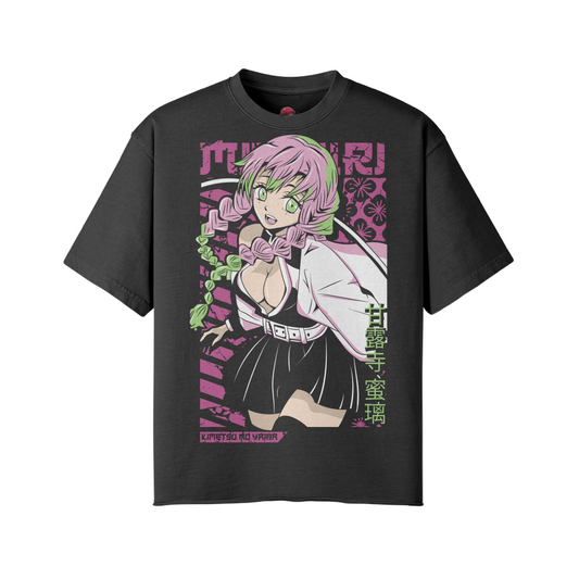 Demon Slayer Mitsuri Kanroji oversized T-shirt with raw hem and vintage design.