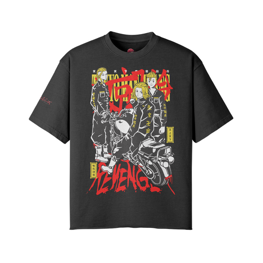 Tokyo Revengers faded raw hem T-shirt with anime graphic and distressed finish.