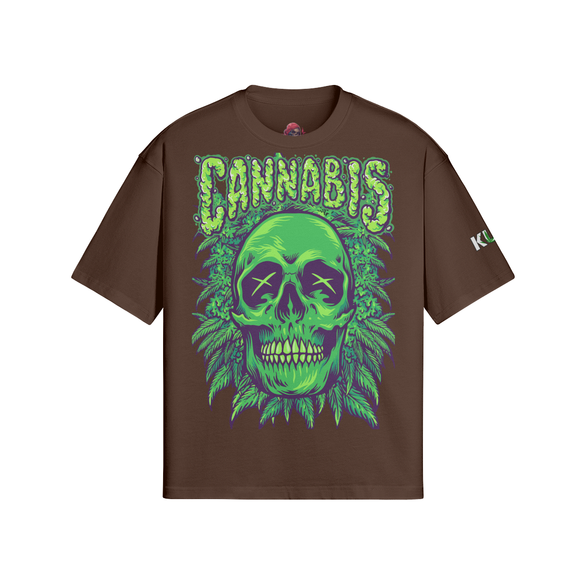 Cannabis Kush boxy t-shirt with green skull graphic, crew neck, and drop shoulders.