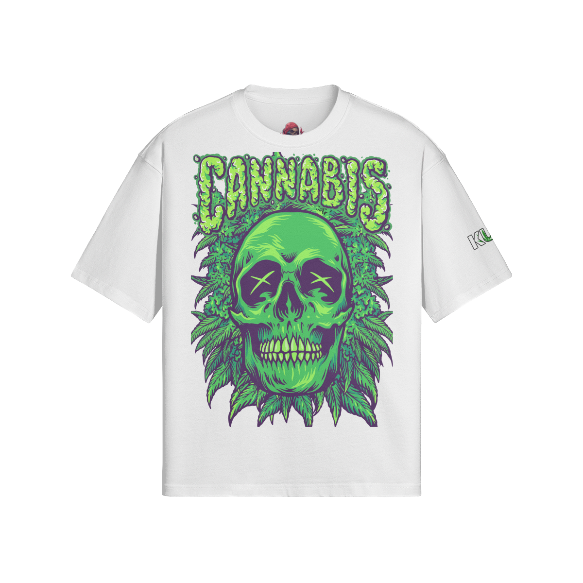 Cannabis Kush boxy t-shirt with green skull graphic, crew neck, and drop shoulders.