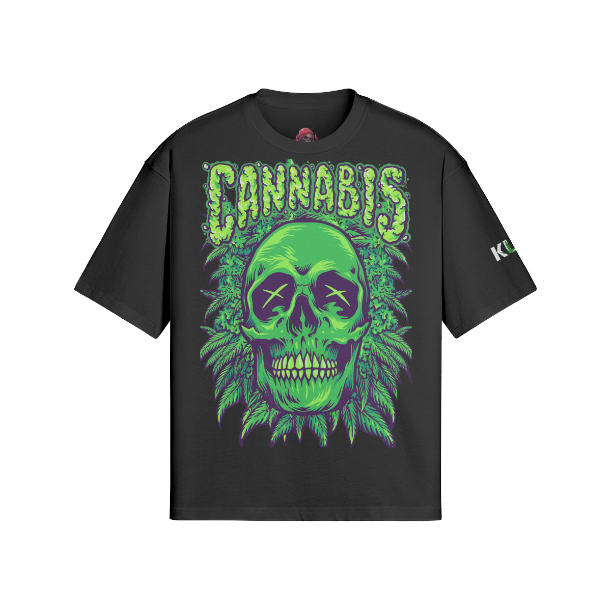 Cannabis Kush boxy t-shirt with skull graphic, crew neck, and drop shoulders.