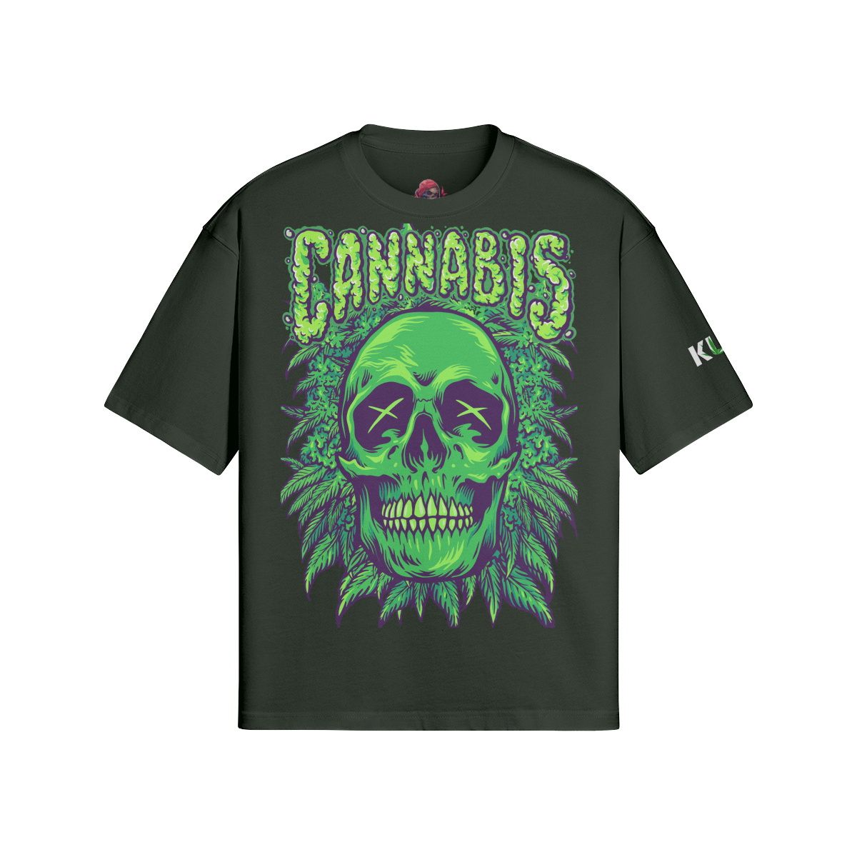 Cannabis Kush boxy t-shirt with green skull graphic, crew neck, and drop shoulders.