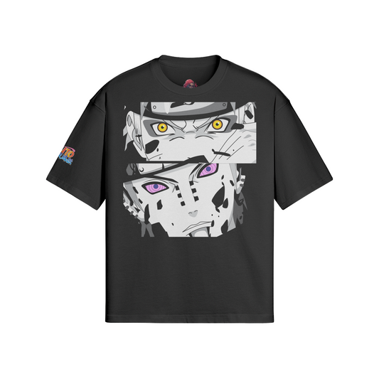 Naruto vs Pain boxy T-shirt with anime design, loose fit, 100% combed cotton.