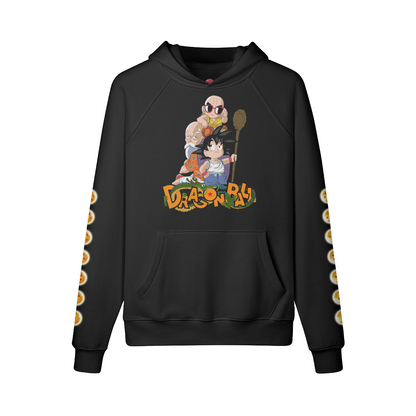 Dragon Ball Adventures fleece-lined hoodie with characters graphic, oversized fit.