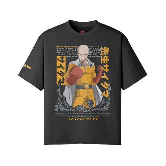 One Punch Man Faded Raw Hem T-Shirt with vintage-inspired design and oversized fit.