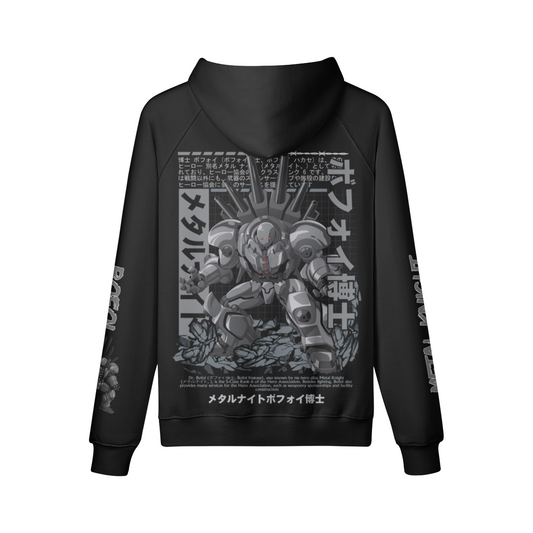 Bofoi Metal Knight One Punch Man fleece-lined hoodie with graphic design, oversized fit, and kangaroo pocket.