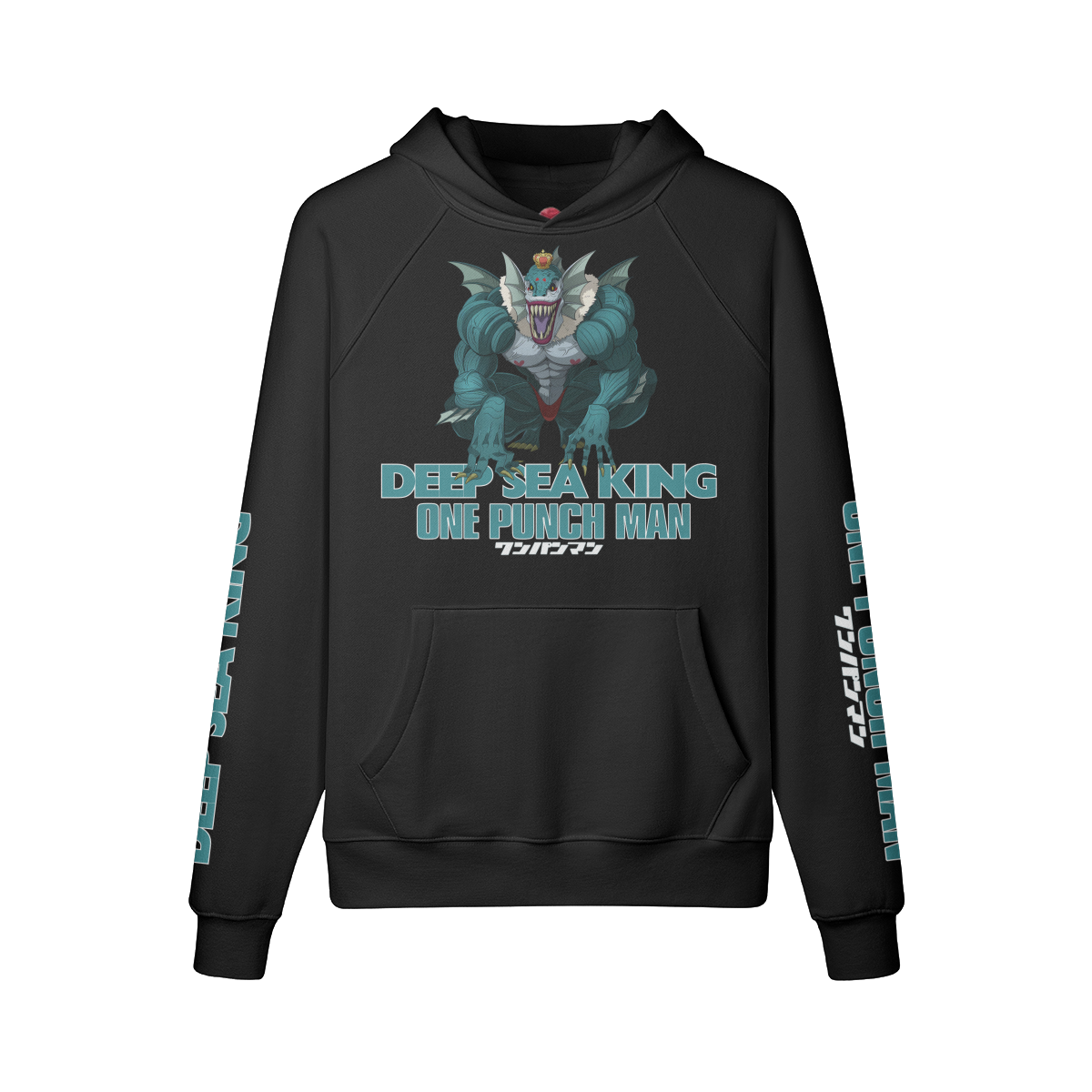 Cozy fleece lined hoodie with Deep Sea King One Punch Man design and raglan sleeves.