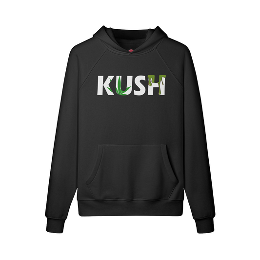 KUSH fleece lined hoodie, oversized fit, black with front kangaroo pocket.